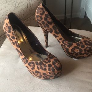 Leopard print faux suede heels